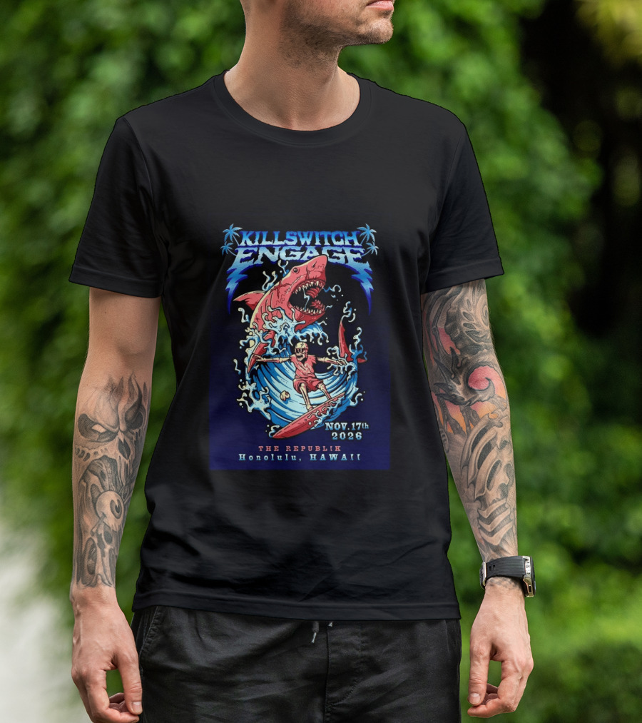 Killswitch Engage Honolulu Hawaii 2026 Event With Shark And Skeleton Surfing At The Republik November 17 T-Shirt
