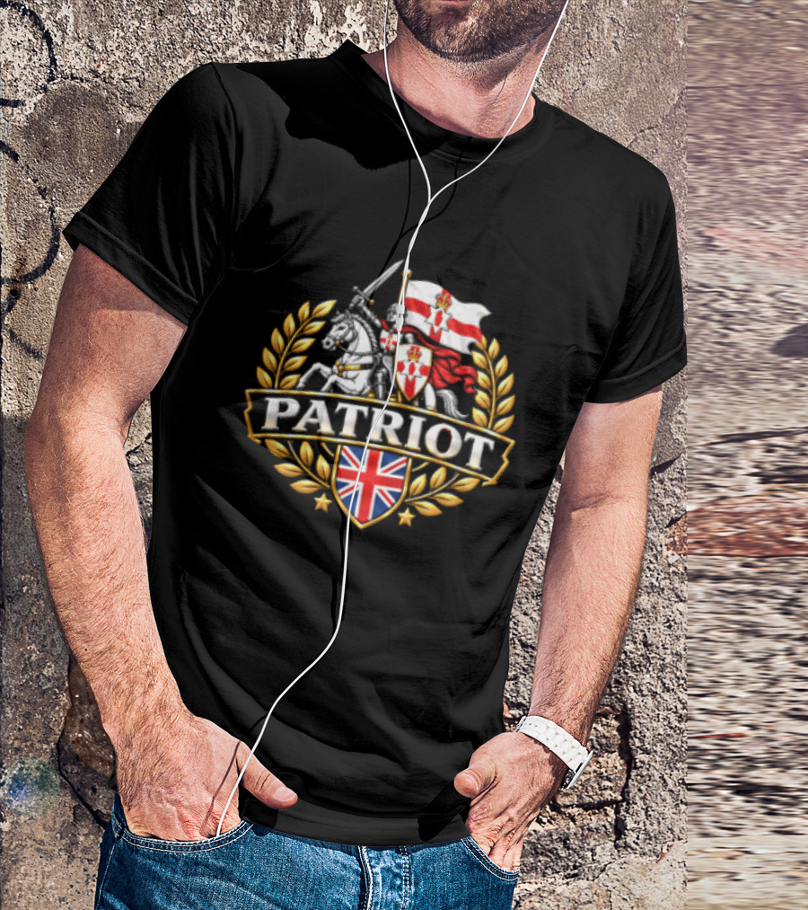 Patriot Knight Riding With Northern Ireland Flag And Union Jack Crest T-Shirt