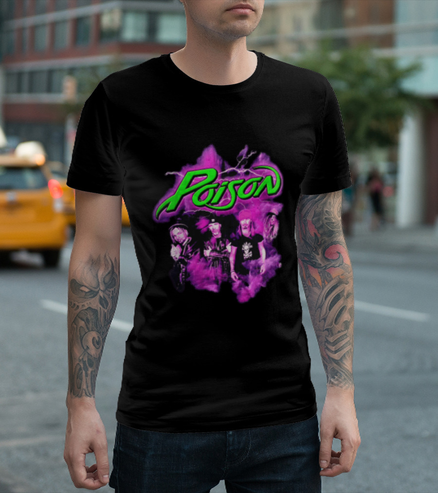 Poison Band Members Graphic With Neon Green Logo And Purple Aura T-Shirt