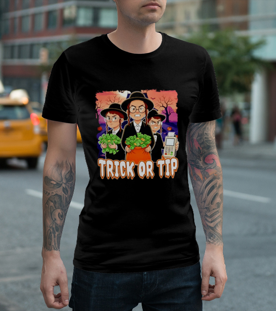Trick Or Tip Halloween Money Bag Cartoon Characters Holding Cash And Payment Terminal T-Shirt