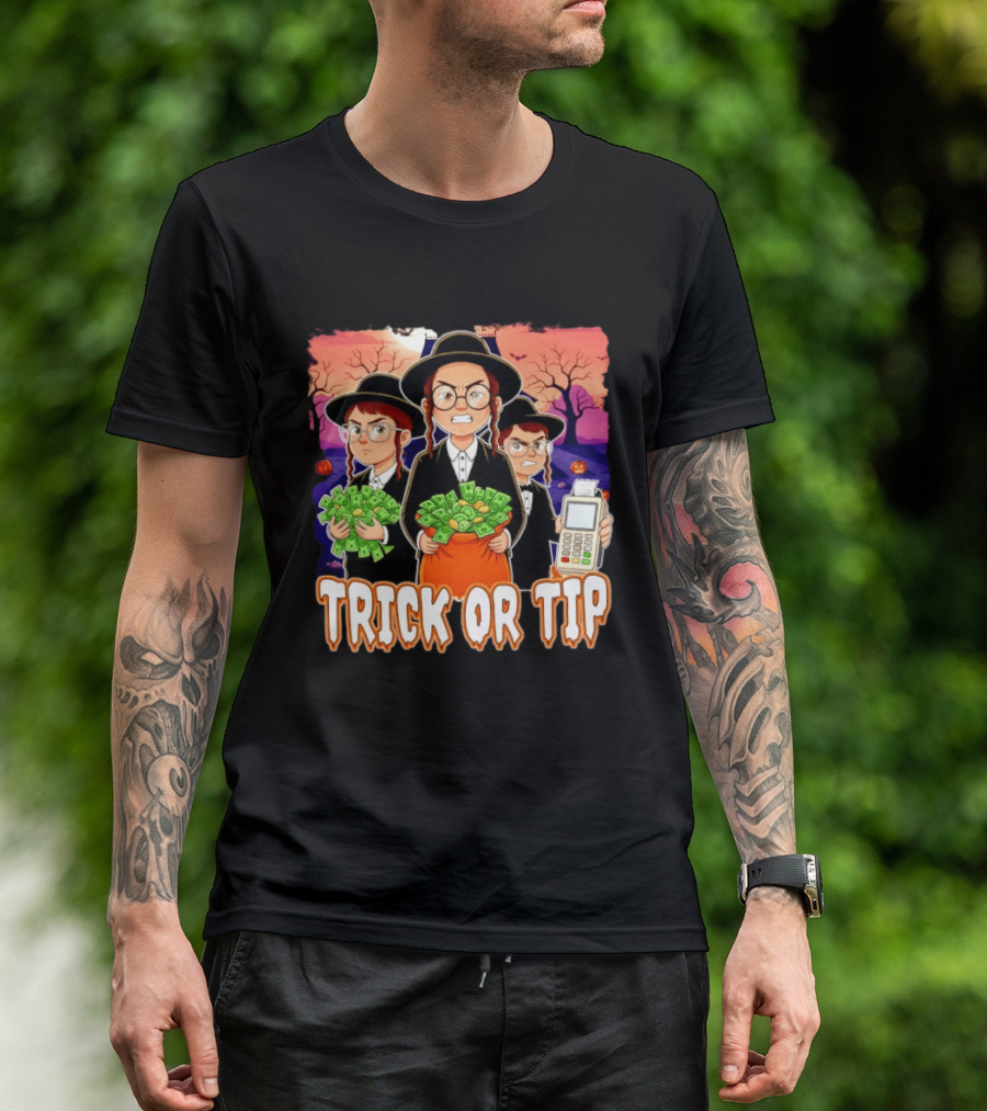 Trick Or Tip Halloween Money Bag Cartoon Characters Holding Cash And Payment Terminal T-Shirt