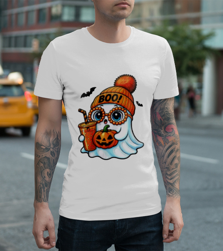 BOO Halloween Ghost With Pumpkin And Drink Spooky Fall Vibes T-Shirt
