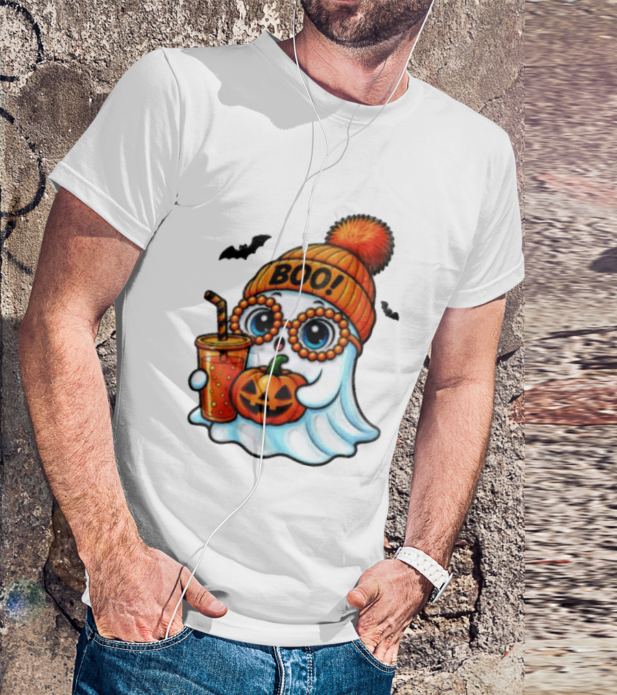 BOO Halloween Ghost With Pumpkin And Drink Spooky Fall Vibes T-Shirt