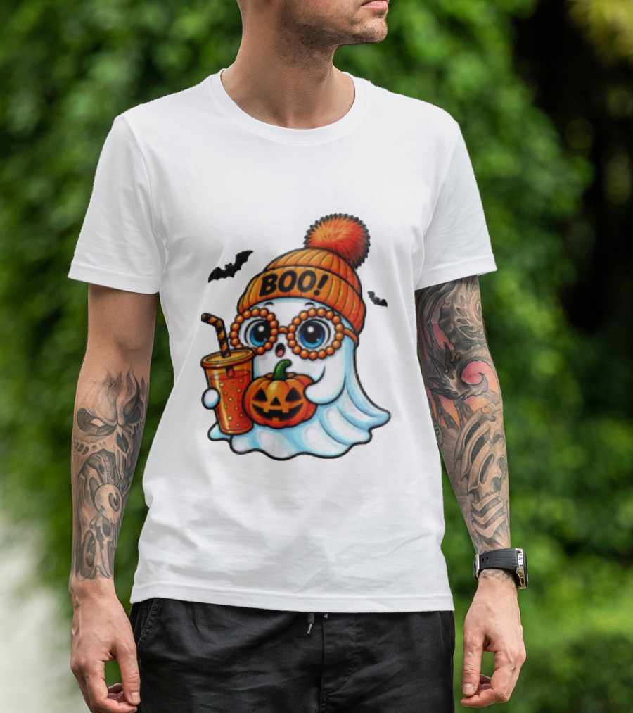 BOO Halloween Ghost With Pumpkin And Drink Spooky Fall Vibes T-Shirt