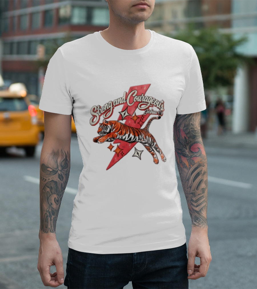 Strong And Courageous Joshua 1 9 Leaping Tiger Pink Lightning Bolt Stars T-Shirt