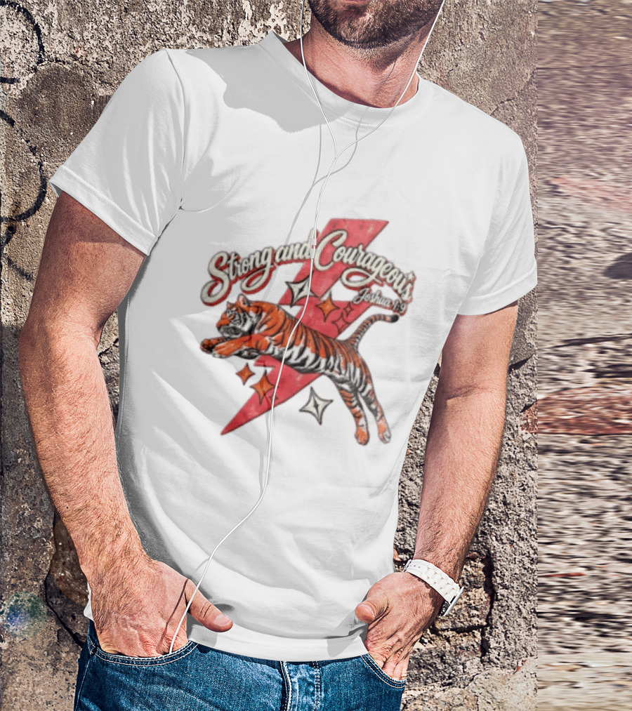 Strong And Courageous Joshua 1 9 Leaping Tiger Pink Lightning Bolt Stars T-Shirt