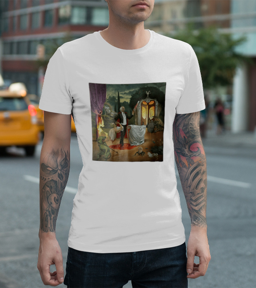 Surreal Gothic Man With Candle And Floating Figures Mysterious Enchantment T-Shirt