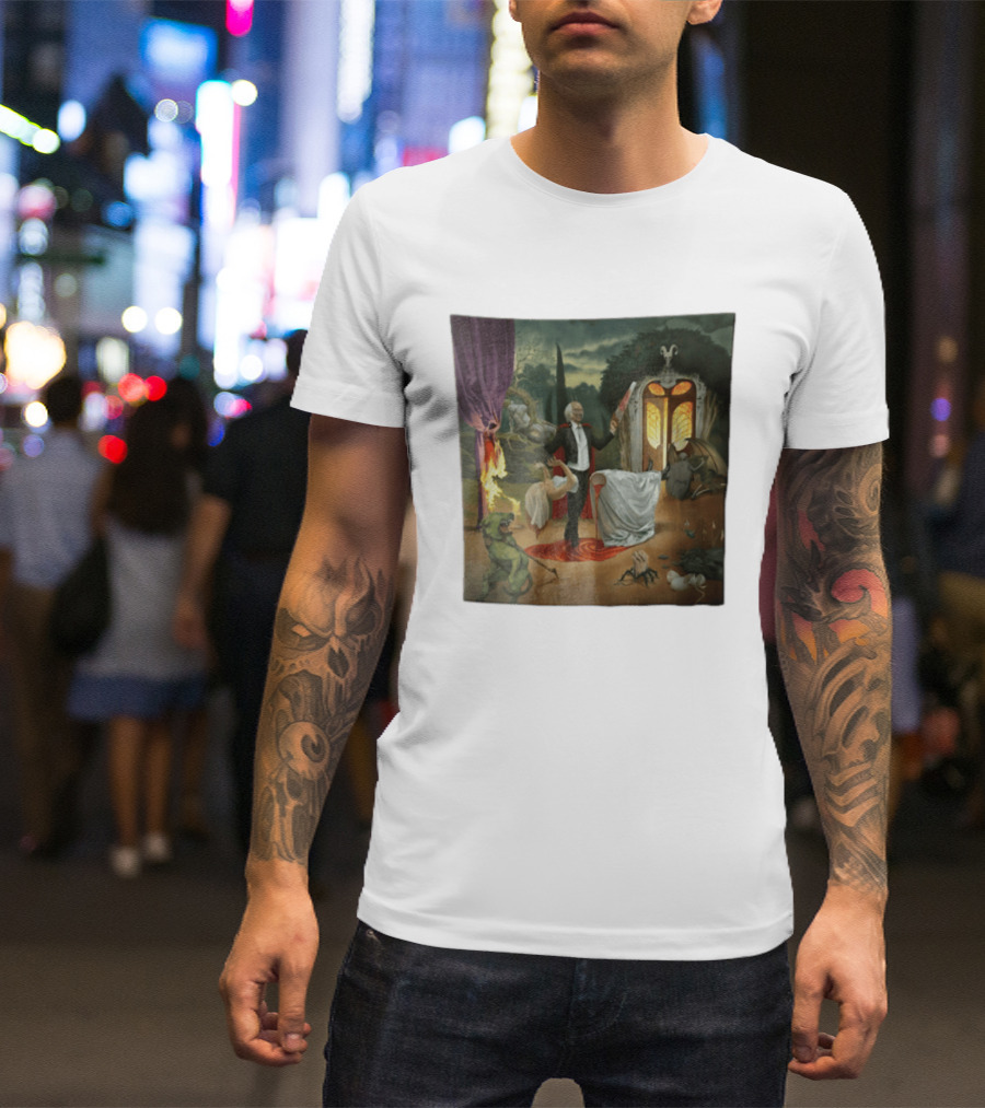 Surreal Gothic Man With Candle And Floating Figures Mysterious Enchantment T-Shirt