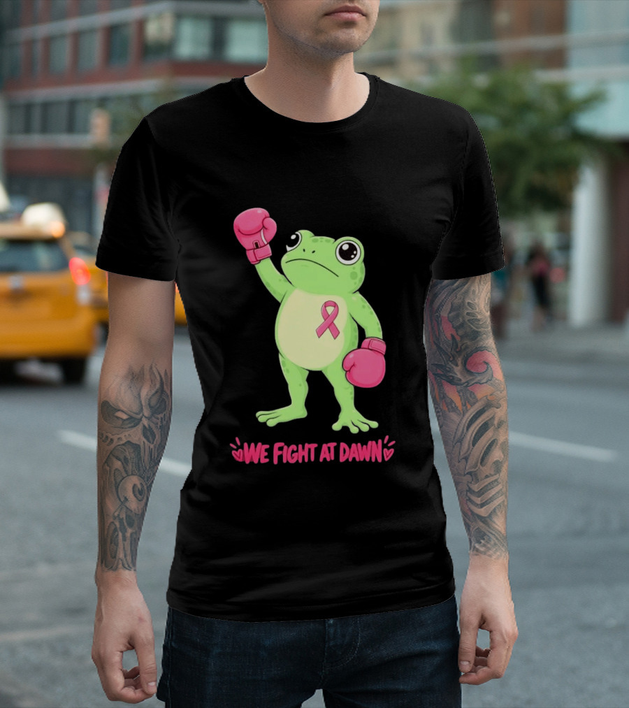 Boxing Frog We Fight At Dawn Breast Cancer Awareness Pink Gloves Ribbon T-Shirt