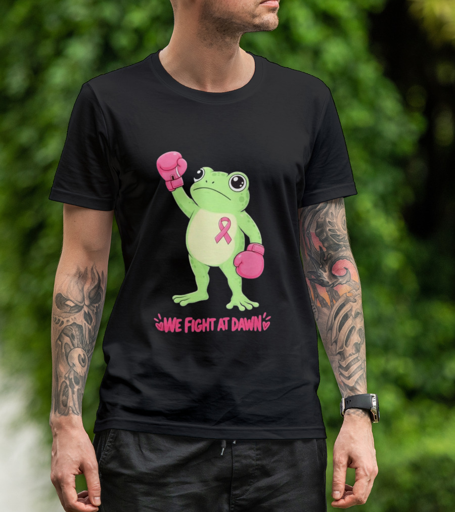 Boxing Frog We Fight At Dawn Breast Cancer Awareness Pink Gloves Ribbon T-Shirt