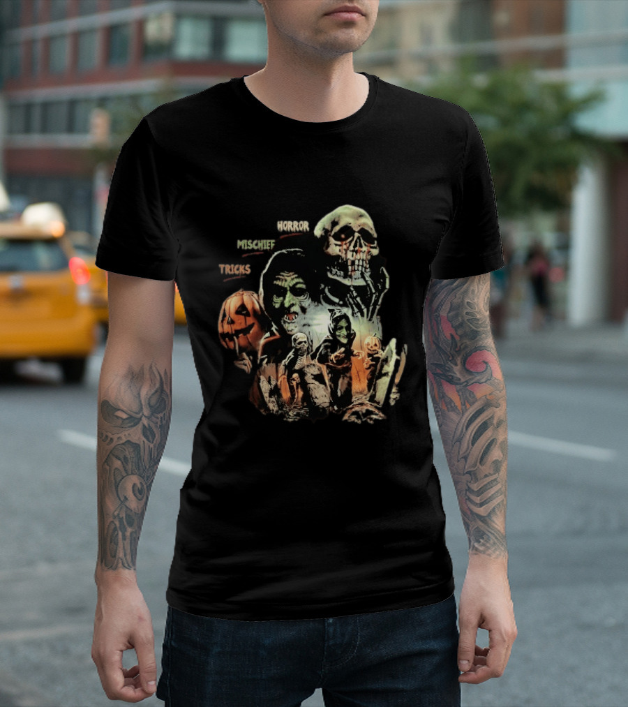 Halloween Horror Mischief Tricks Spooky Trio Skeletons And Jack O' Lanterns T-Shirt