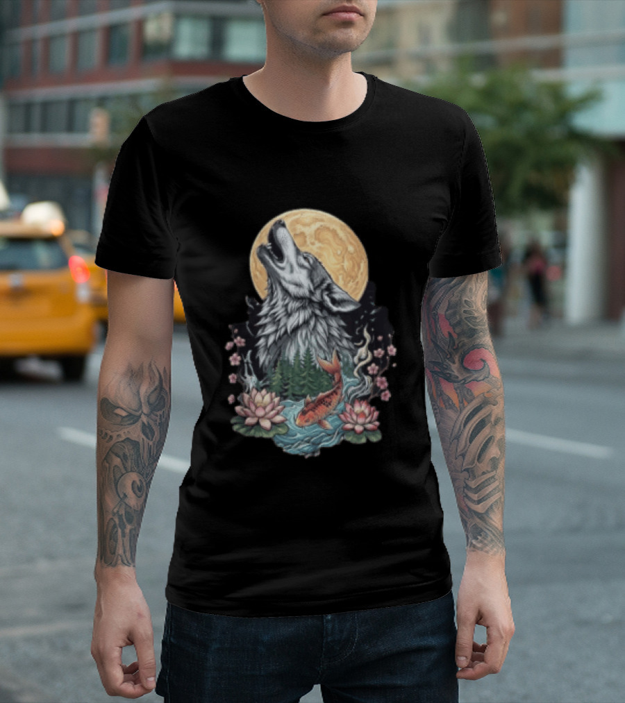 Howling Wolf Full Moon Koi Lotus Blossoms T-Shirt