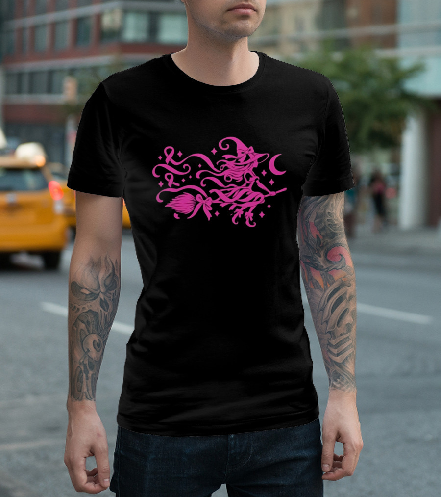 Pink Witch Riding Broom With Breast Cancer Awareness Ribbon T-Shirt