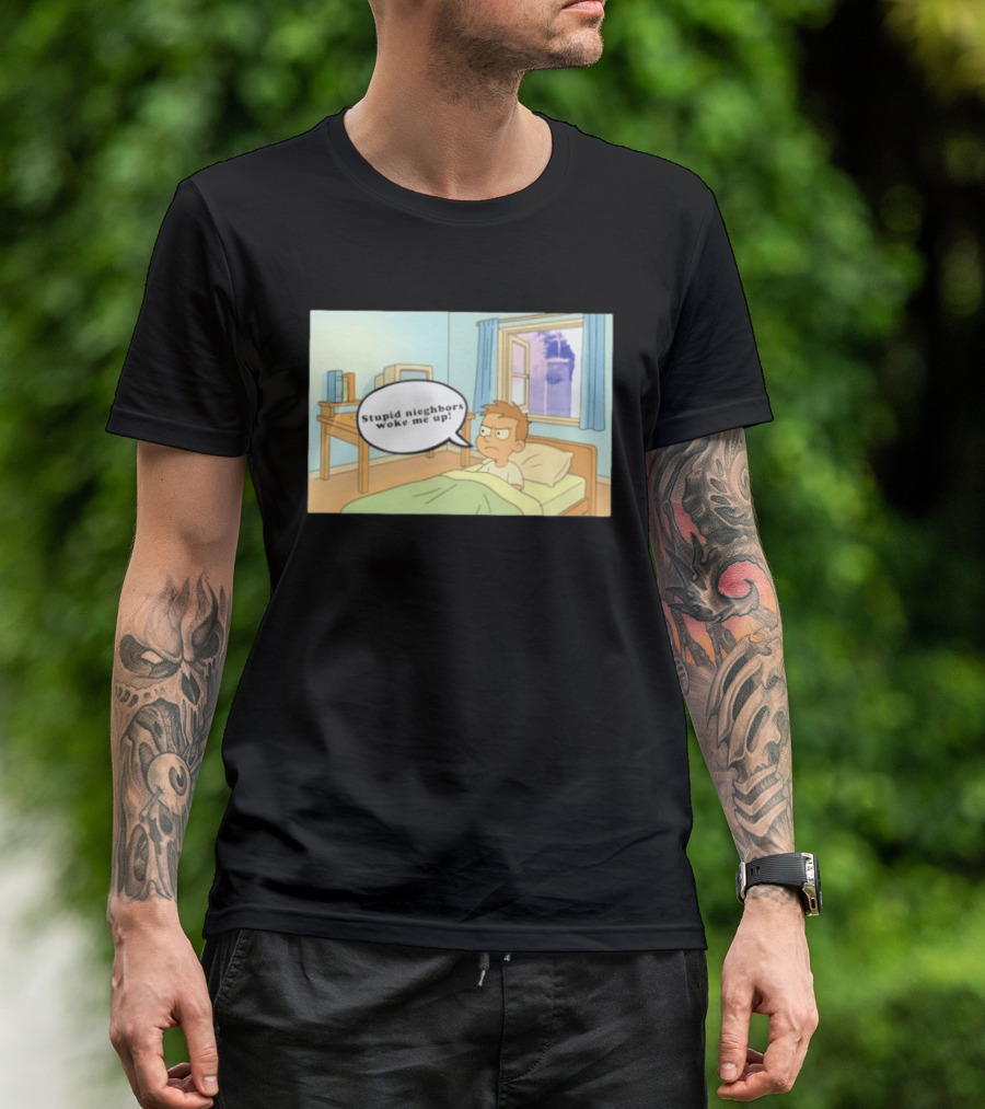 Stupid Neighbors Woke Me Up Cartoon Bedroom Scene T-Shirt