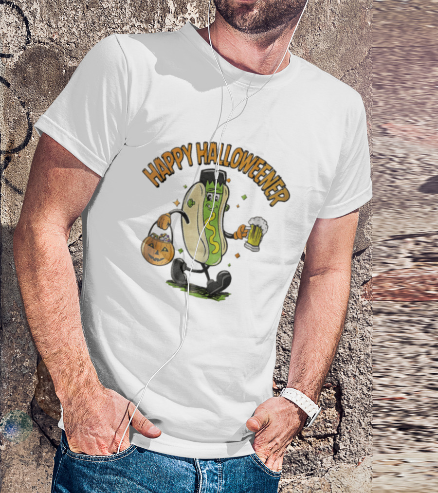 Happy Halloweener Frankenstein Hot Dog With Beer And Pumpkin Bucket T-Shirt
