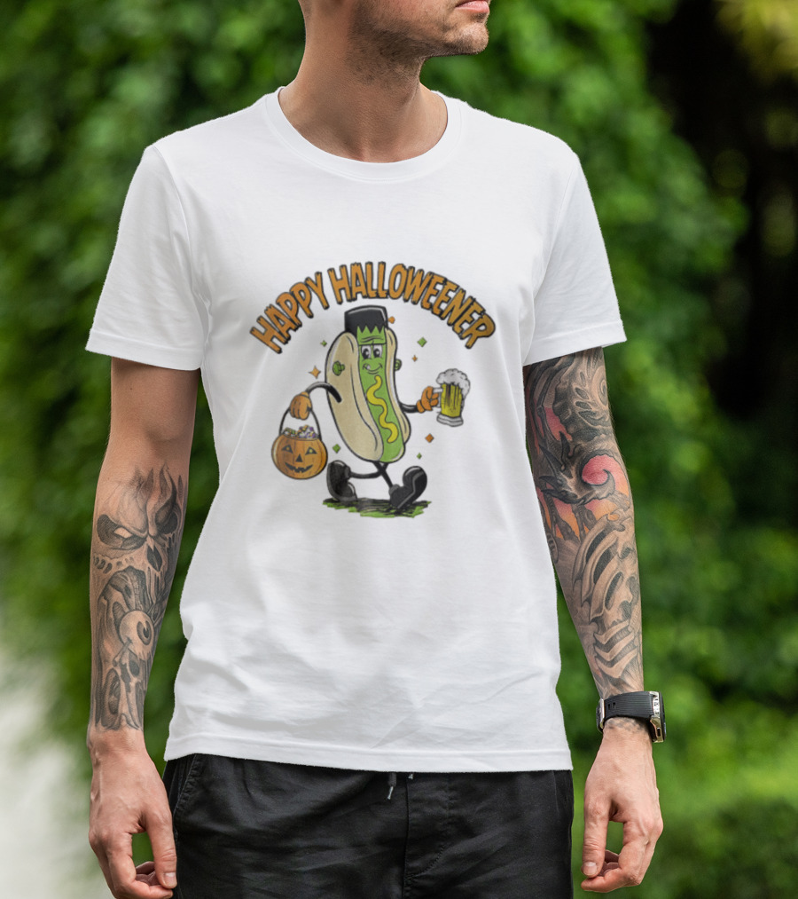 Happy Halloweener Frankenstein Hot Dog With Beer And Pumpkin Bucket T-Shirt