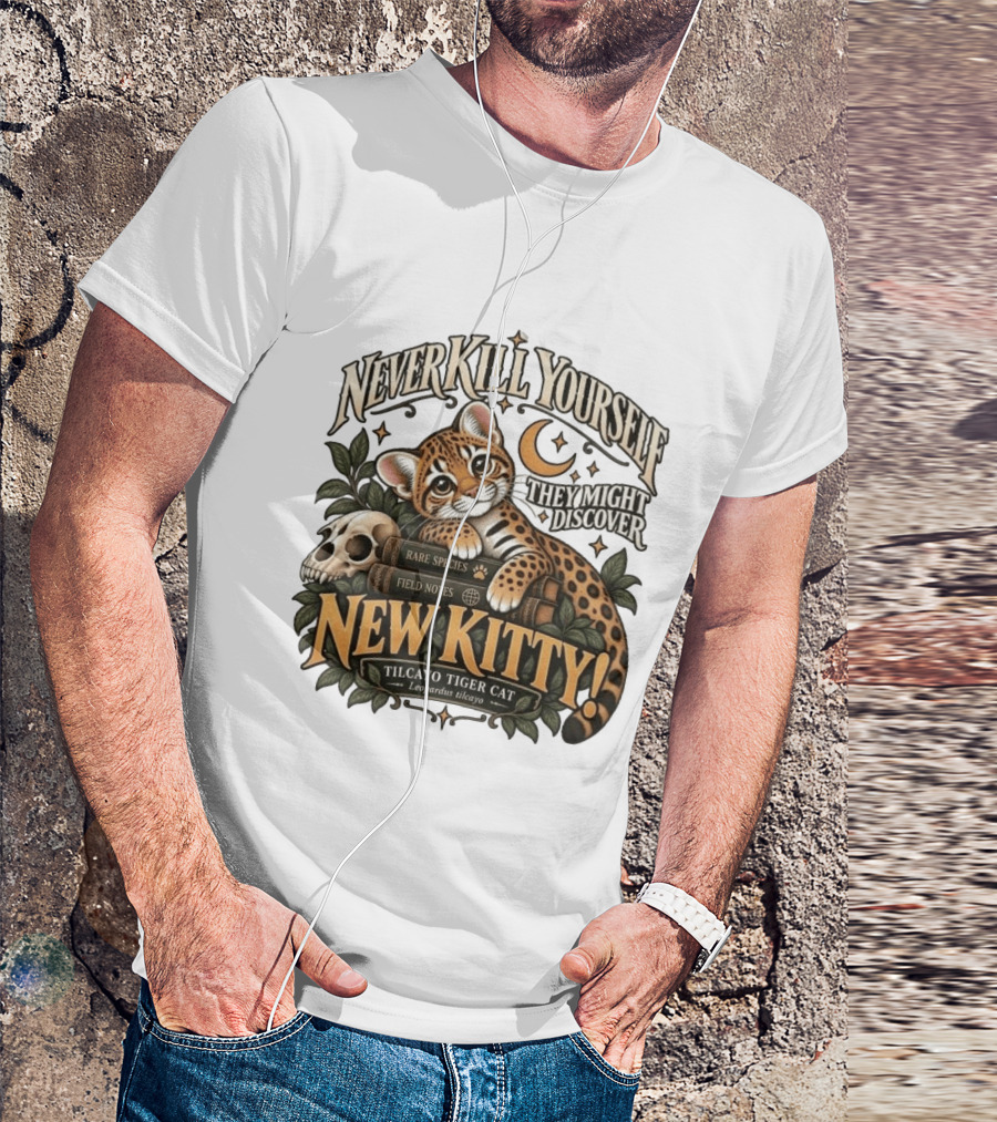 Never Kill Yourself They Might Discover New Kitty Tilcayo Tiger Cat Leopardsus Tilcayo Rare Species Field Notes T-Shirt