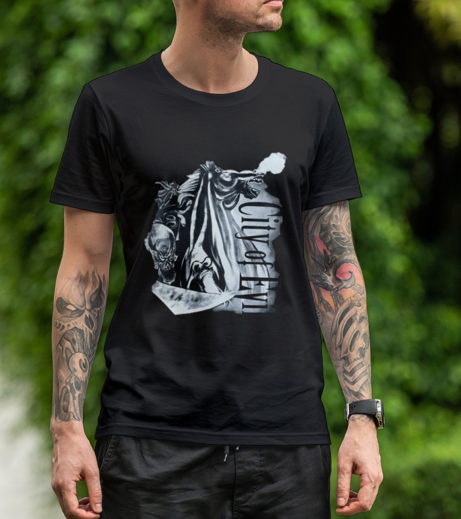 A7xworld Store City Of Evil Horseman Skull Garment Dye T-Shirt