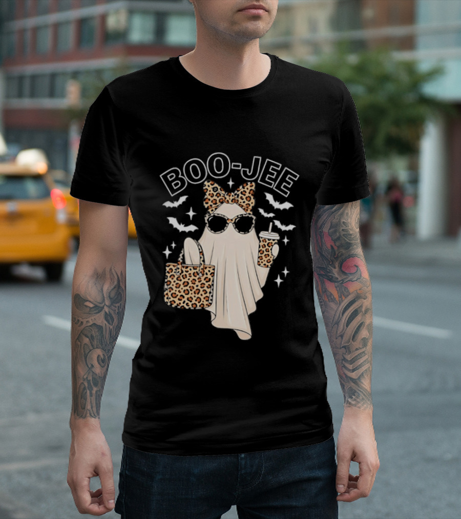 Boo Jee Stylish Ghost With Leopard Print Accessories And Bats T-Shirt