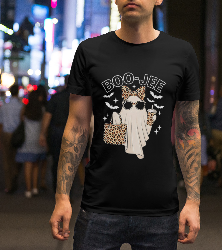 Boo Jee Stylish Ghost With Leopard Print Accessories And Bats T-Shirt