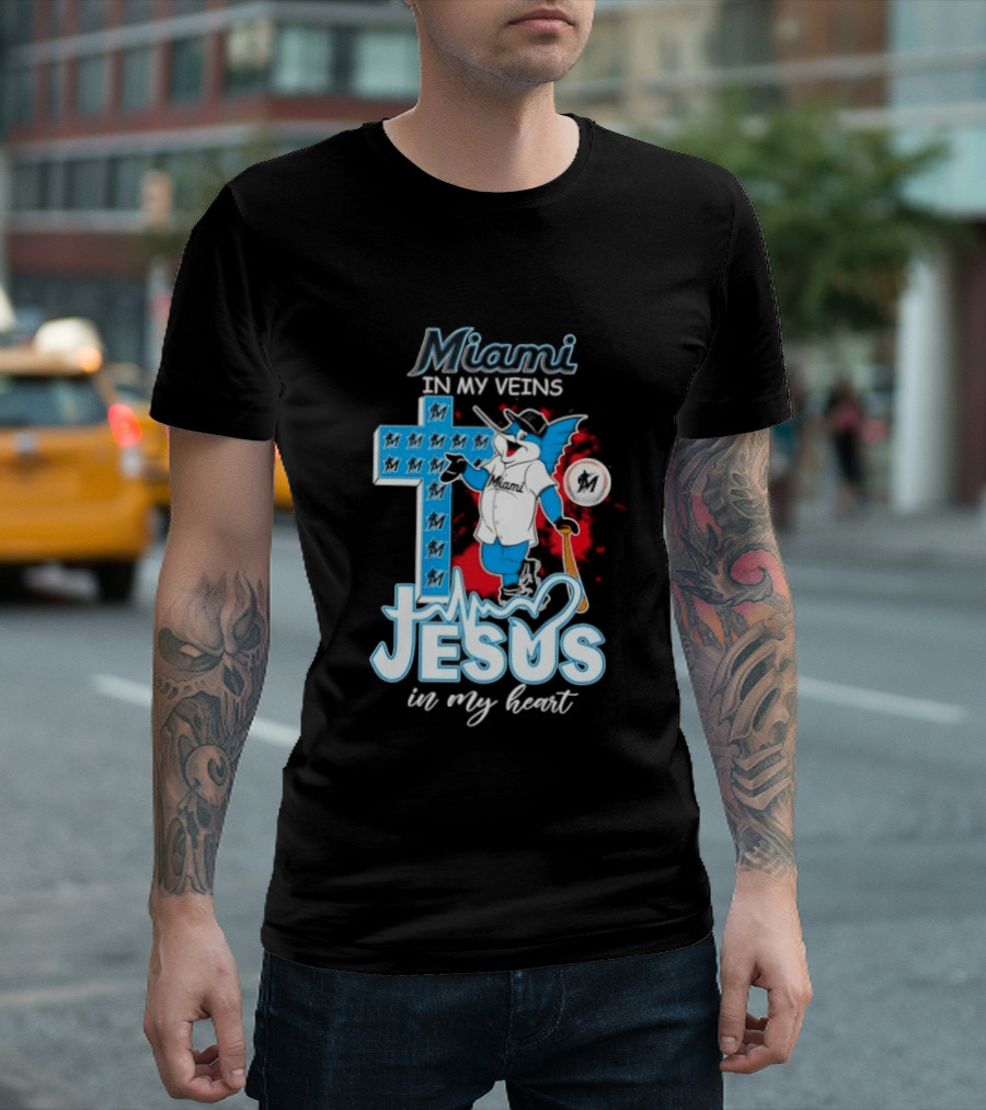 Miami Marlins In My Veins Jesus In My Heart Cross Baseball T-Shirt