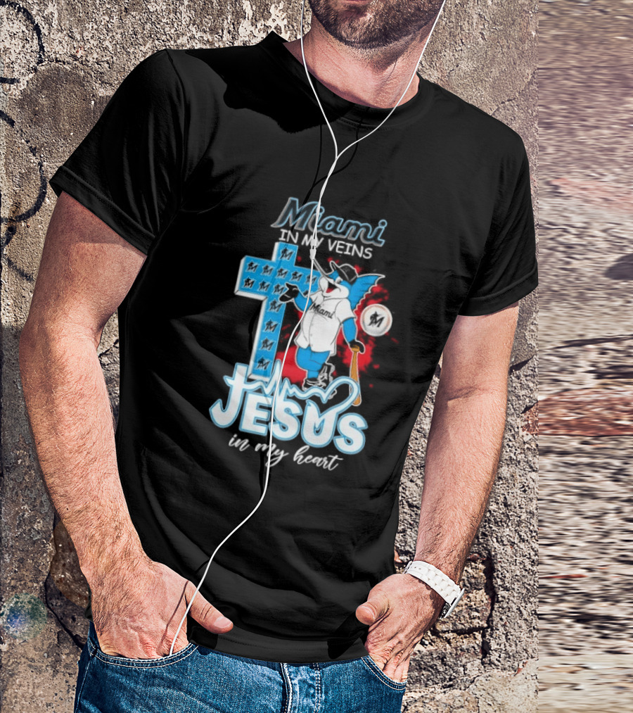 Miami Marlins In My Veins Jesus In My Heart Cross Baseball T-Shirt
