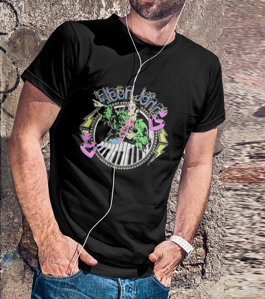 Elton John Distressed Colorful Piano And Hearts T-Shirt