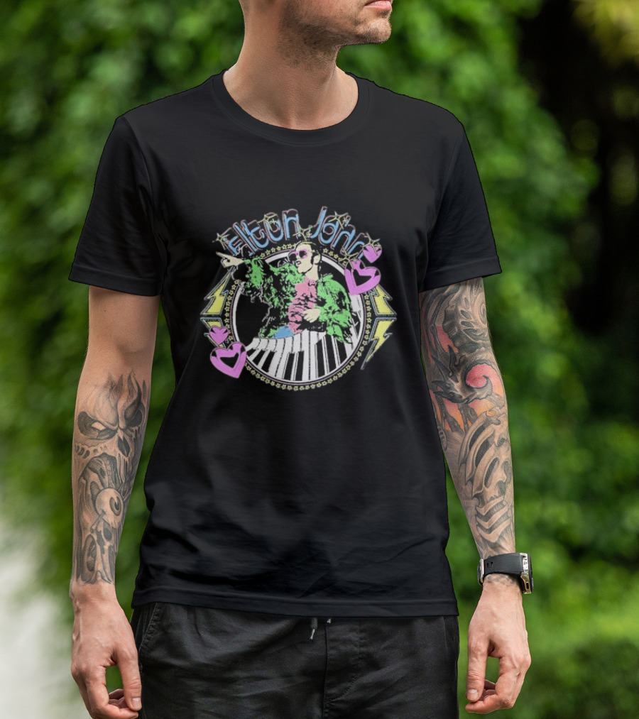 Elton John Distressed Colorful Piano And Hearts T-Shirt