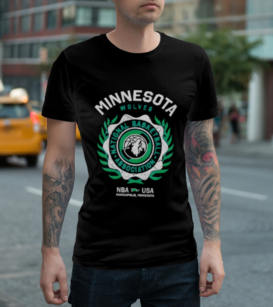 Minnesota Wolves NBA National Basketball Association Howling Wolf Circular Laurel Wreath T-Shirt
