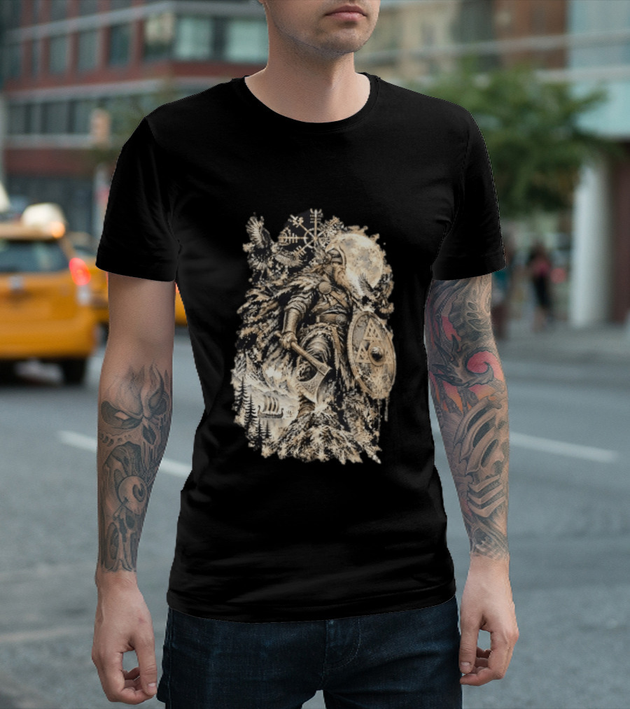 Norse God Viking Warrior Axe Valknut Symbol Raven Longship T-Shirt