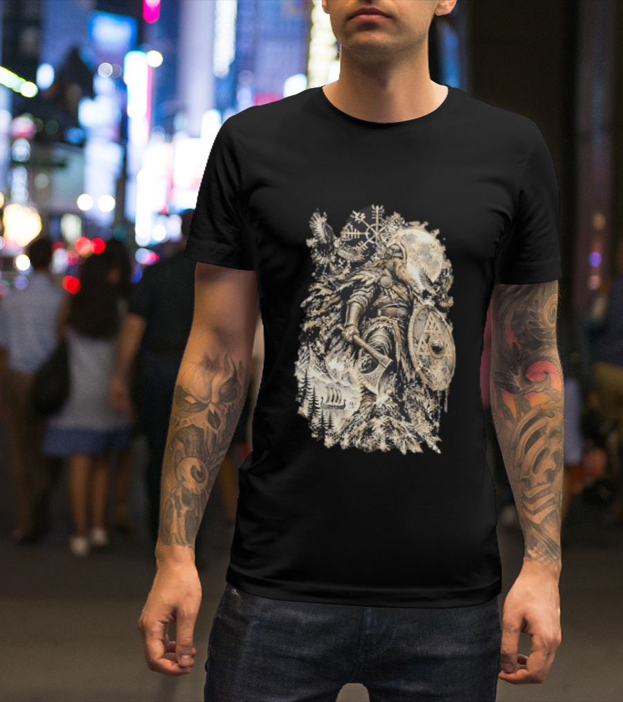 Norse God Viking Warrior Axe Valknut Symbol Raven Longship T-Shirt