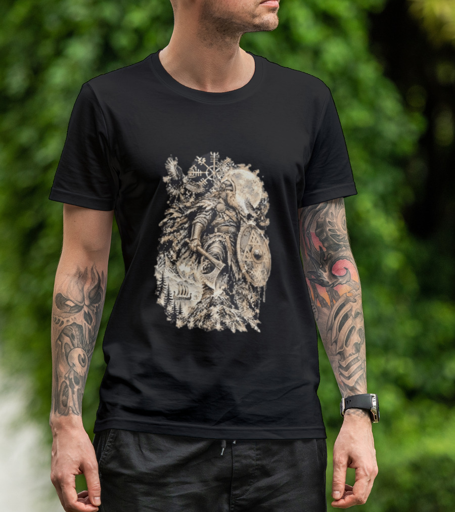 Norse God Viking Warrior Axe Valknut Symbol Raven Longship T-Shirt