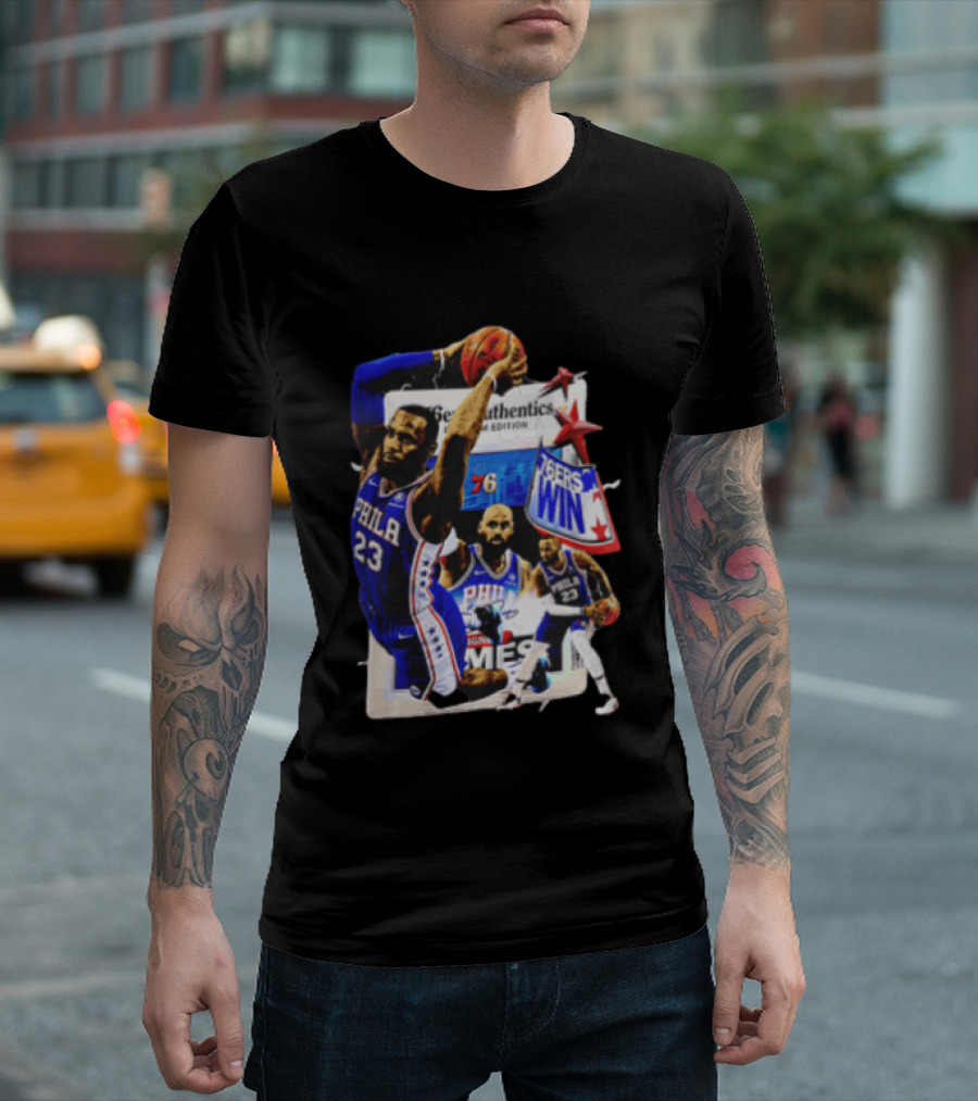 Philadelphia 76ers Lebron James Dunking Collage 76ers Win Edition T-Shirt