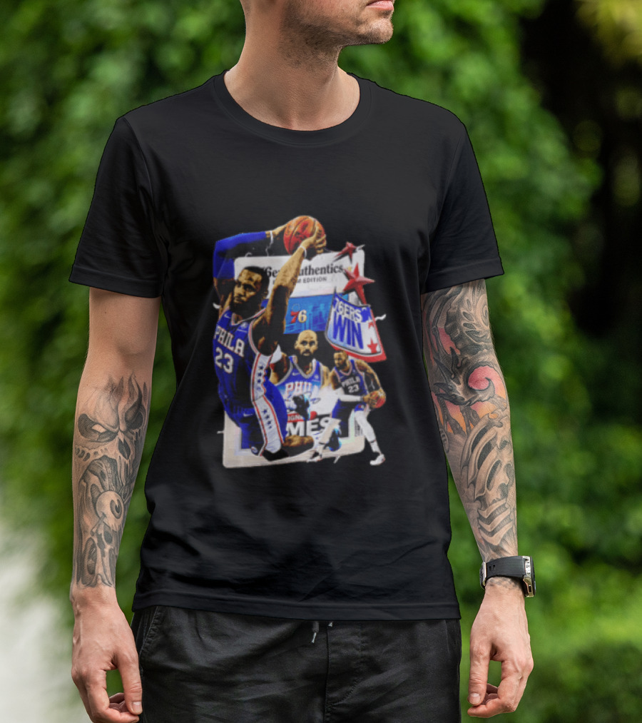Philadelphia 76ers Lebron James Dunking Collage 76ers Win Edition T-Shirt