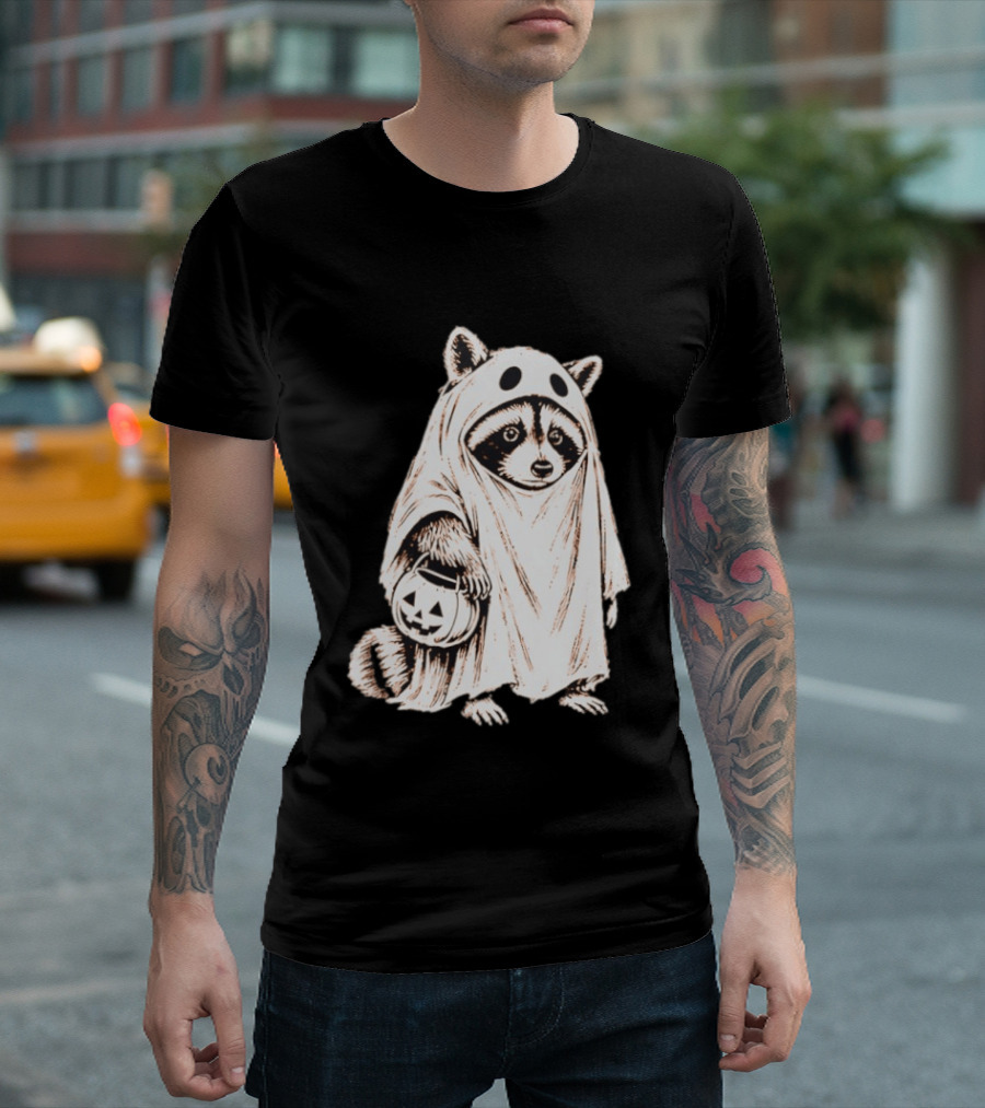 Raccoon Ghost Holding Pumpkin Bucket Halloween 2026 T-Shirt