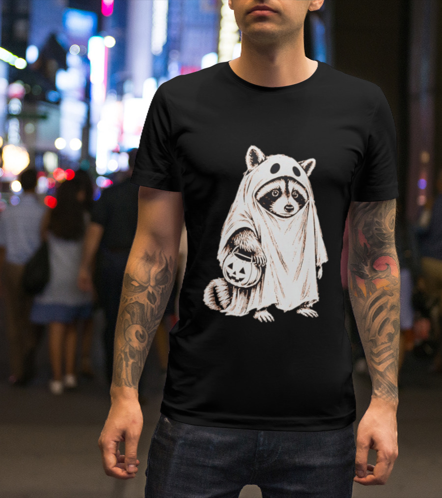 Raccoon Ghost Holding Pumpkin Bucket Halloween 2026 T-Shirt
