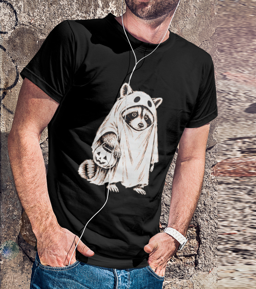 Raccoon Ghost Holding Pumpkin Bucket Halloween 2026 T-Shirt