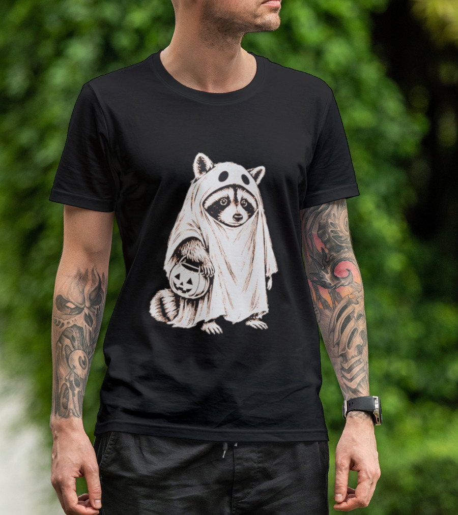 Raccoon Ghost Holding Pumpkin Bucket Halloween 2026 T-Shirt