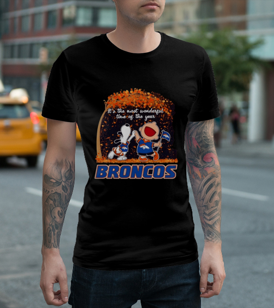 Snoopy And Charlie Brown Celebrating Denver Broncos It's The Most Wonderful Time Of The Year T-Shirt