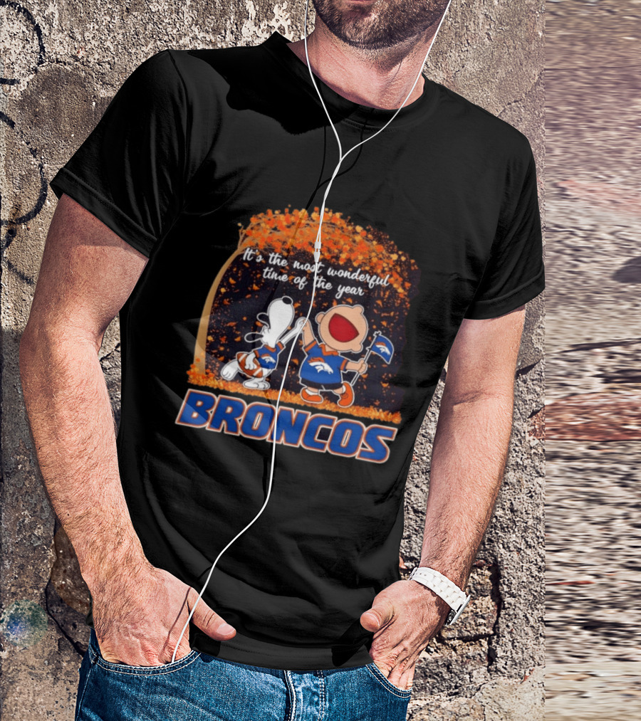 Snoopy And Charlie Brown Celebrating Denver Broncos It's The Most Wonderful Time Of The Year T-Shirt
