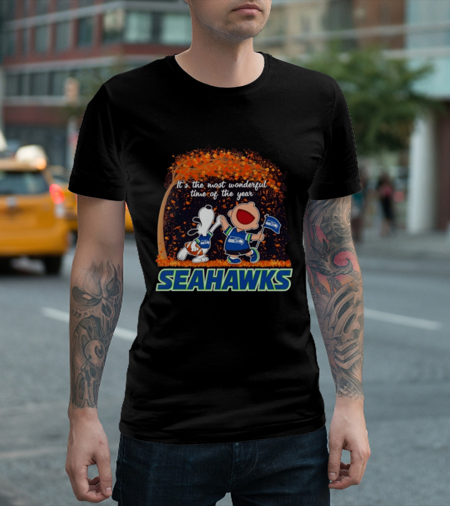 Snoopy And Charlie Brown Dancing Seattle Seahawks The Most Wonderful Time Of The Year T-Shirt