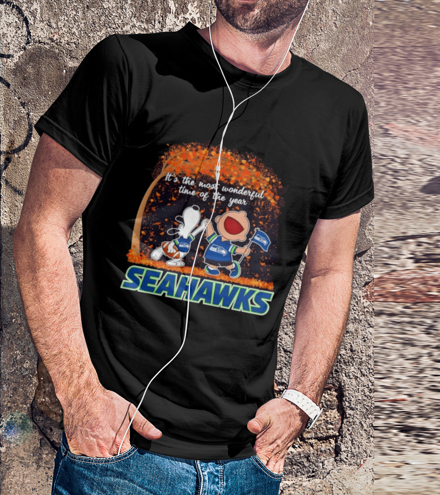 Snoopy And Charlie Brown Dancing Seattle Seahawks The Most Wonderful Time Of The Year T-Shirt