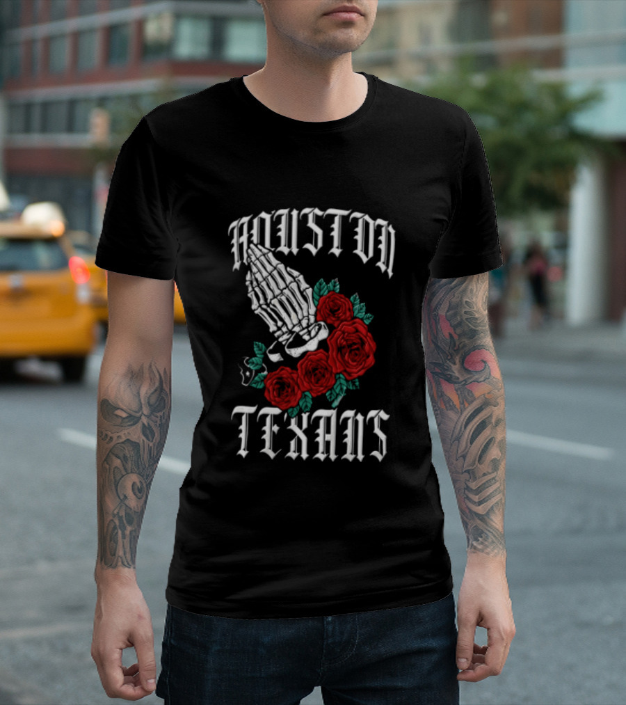 Houston Texans Praying Hands Red Roses Dia De Los Muertos T-Shirt