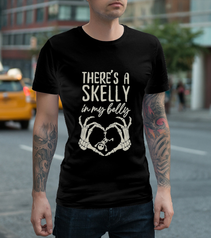 There's A Skelly In My Belly Skeleton Heart Hands Halloween Maternity T-Shirt