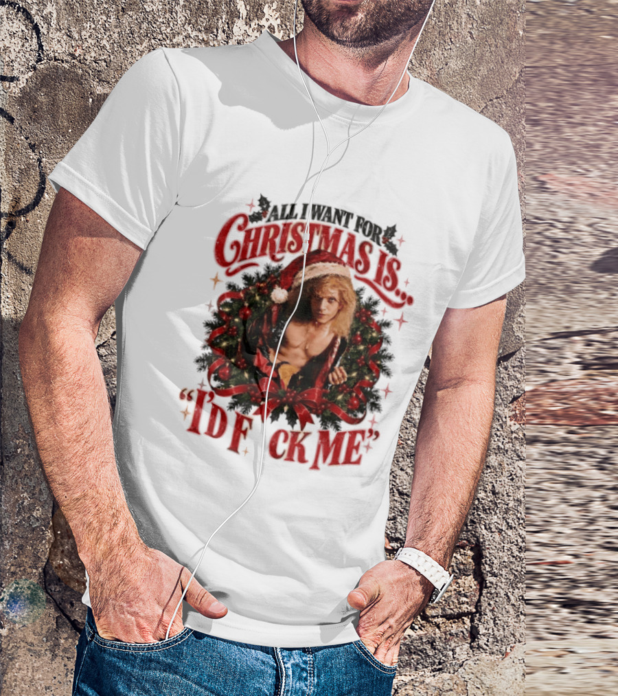 All I Want For Christmas Is I'd Fck Me Santa Hat Wreath Bow T-Shirt