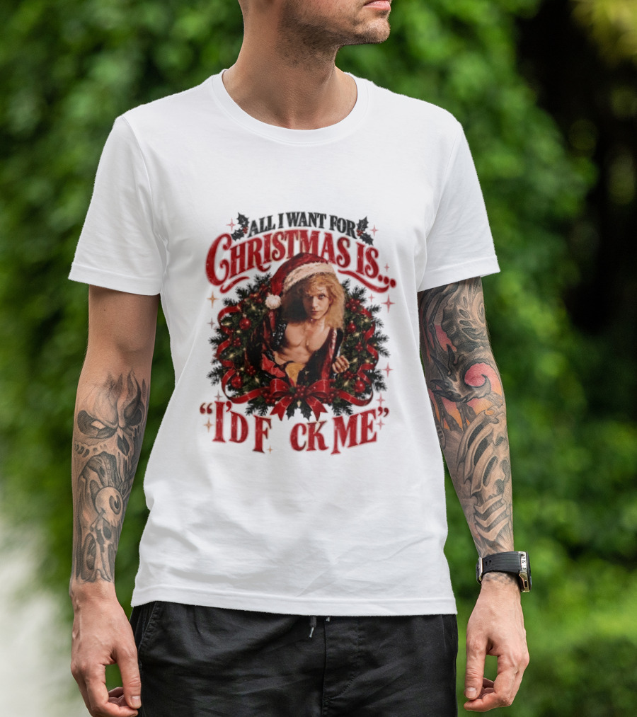 All I Want For Christmas Is I'd Fck Me Santa Hat Wreath Bow T-Shirt