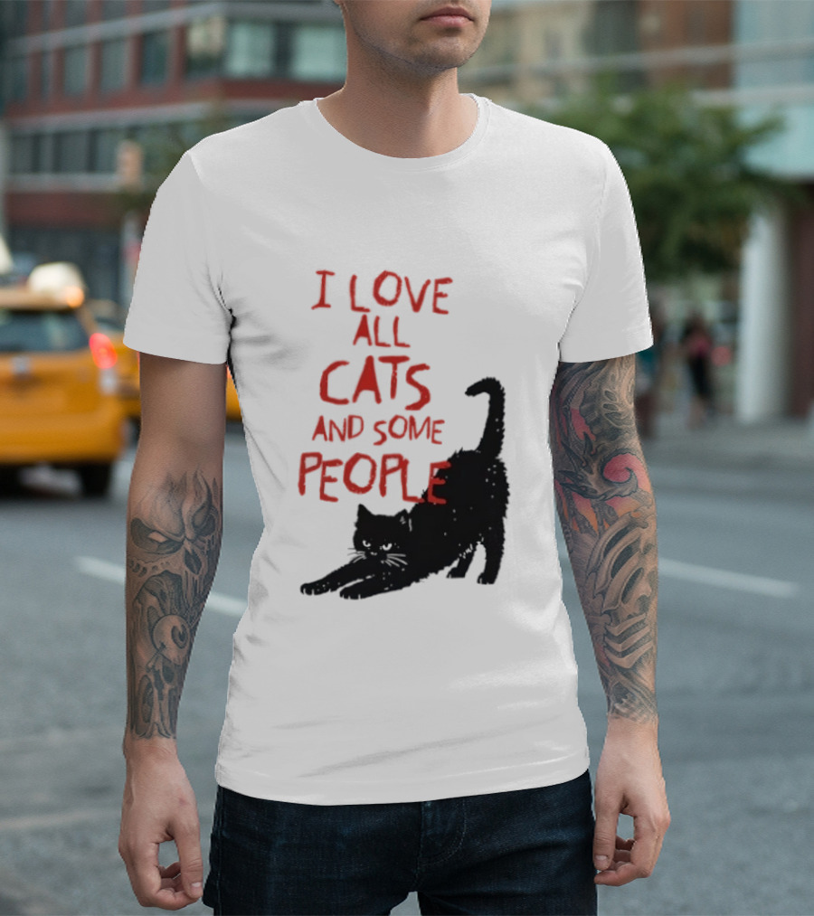 I Love All Cats And Some People Funny Cat Lovers Stretching Black Cat T-Shirt