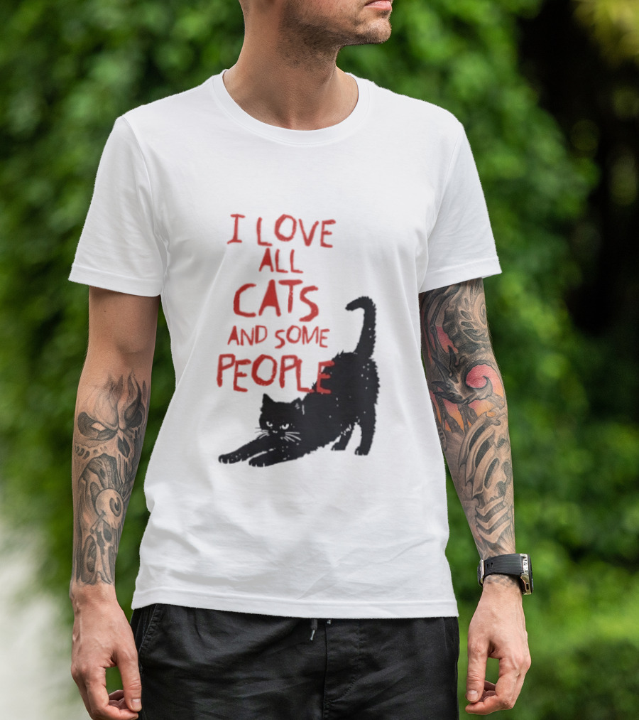 I Love All Cats And Some People Funny Cat Lovers Stretching Black Cat T-Shirt