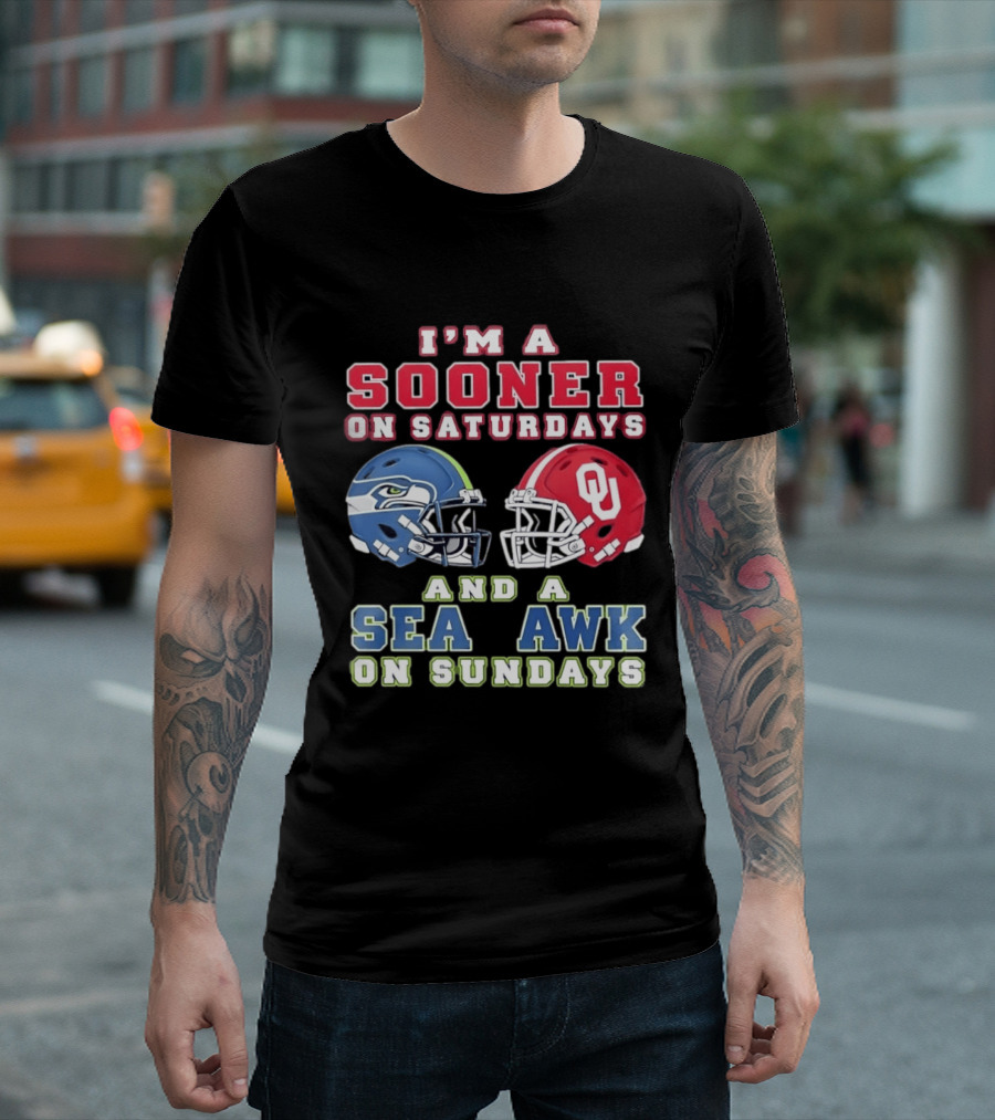I'm A Sooner On Saturdays And A Seahawk On Sundays Football Helmet Fan Gear T-Shirt