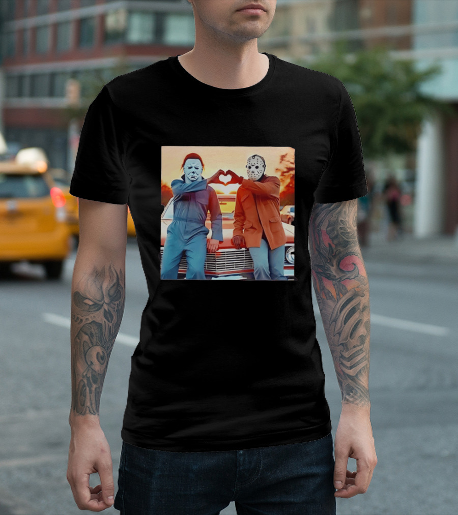Jason Voorhees Michael Myers Heart Sign Halloween Retro Car Sunset T-Shirt